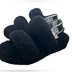 UGG Black Fluffy Oh Yeah Slides with Logo Strap